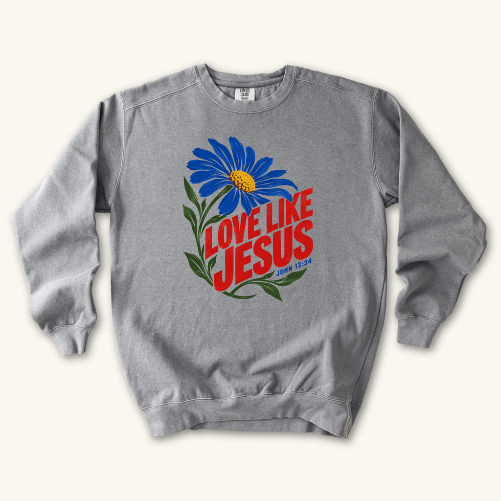 Grey Love Like Jesus Daisy sweatshirt flat lay mockup, John 13:34 Christian apparel for women