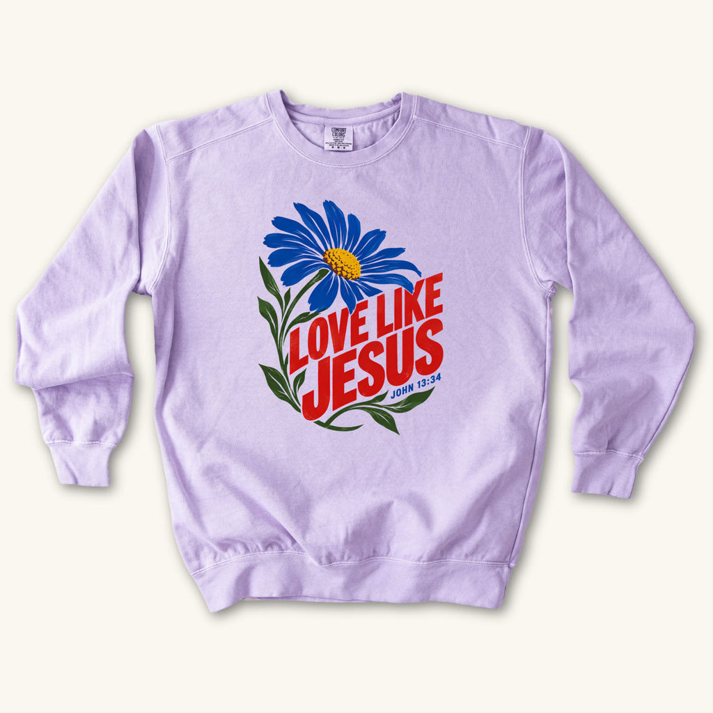 Orchid Love Like Jesus Daisy sweatshirt flat lay mockup, John 13:34 Christian apparel for women