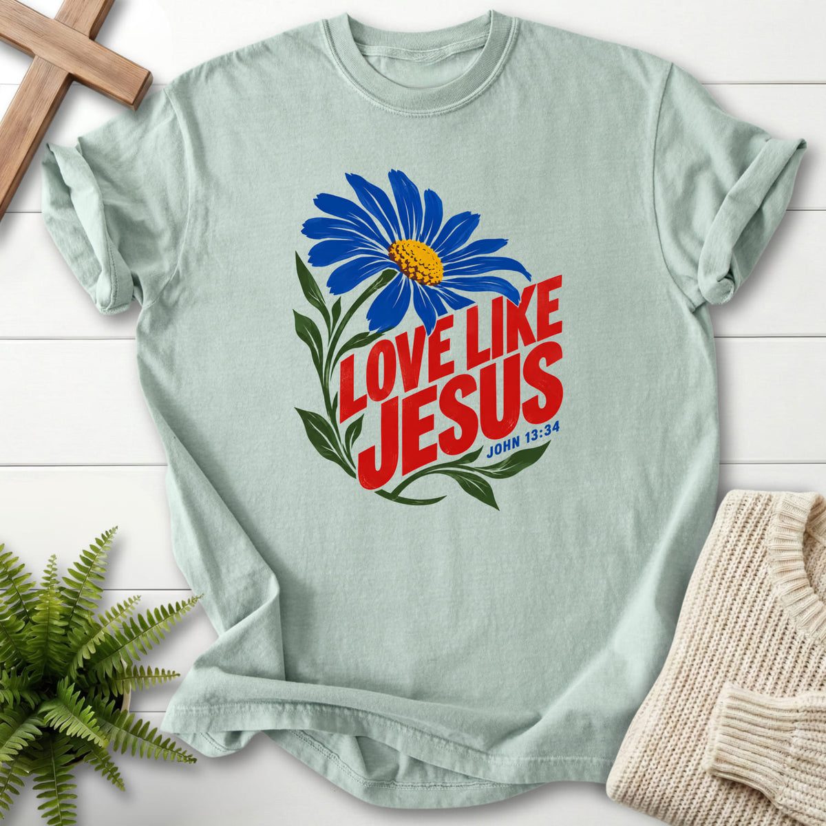 Bay Love Like Jesus Daisy T-shirt flat lay mockup, John 13:34 Christian apparel for women