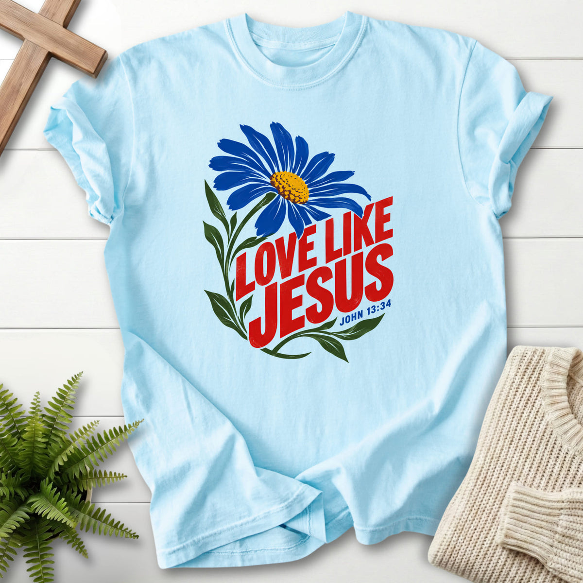 Chambray Love Like Jesus Daisy T-shirt flat lay mockup, John 13:34 Christian apparel for women