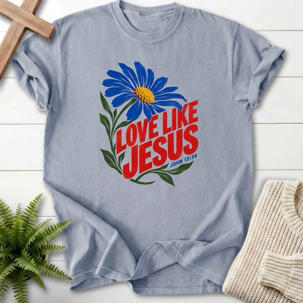 Granite Love Like Jesus Daisy T-shirt flat lay mockup, John 13:34 Christian apparel for women