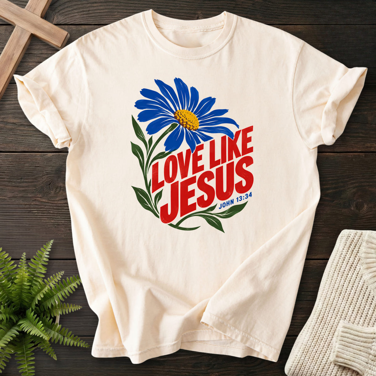 Ivory Love Like Jesus Daisy T-shirt flat lay mockup, John 13:34 Christian apparel for women