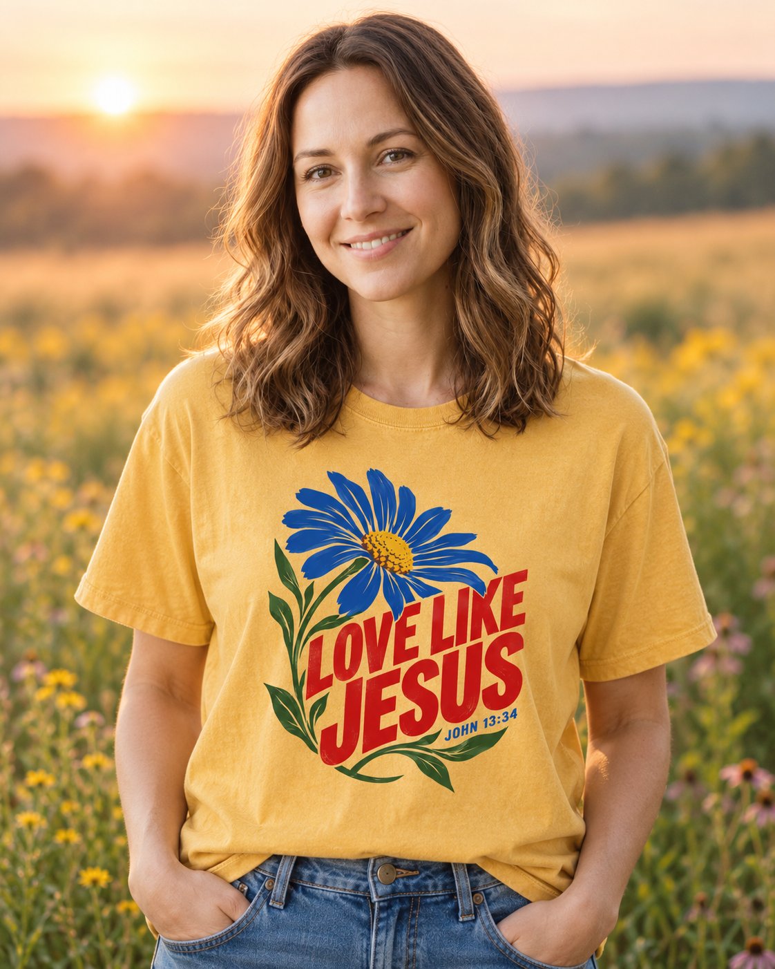 Love Like Jesus Daisy, Mustard women's Christian tee, lifestyle photo in wildflower meadow, Blue daisy with bold red LOVE LIKE JESUS lettering, She Wears Faith