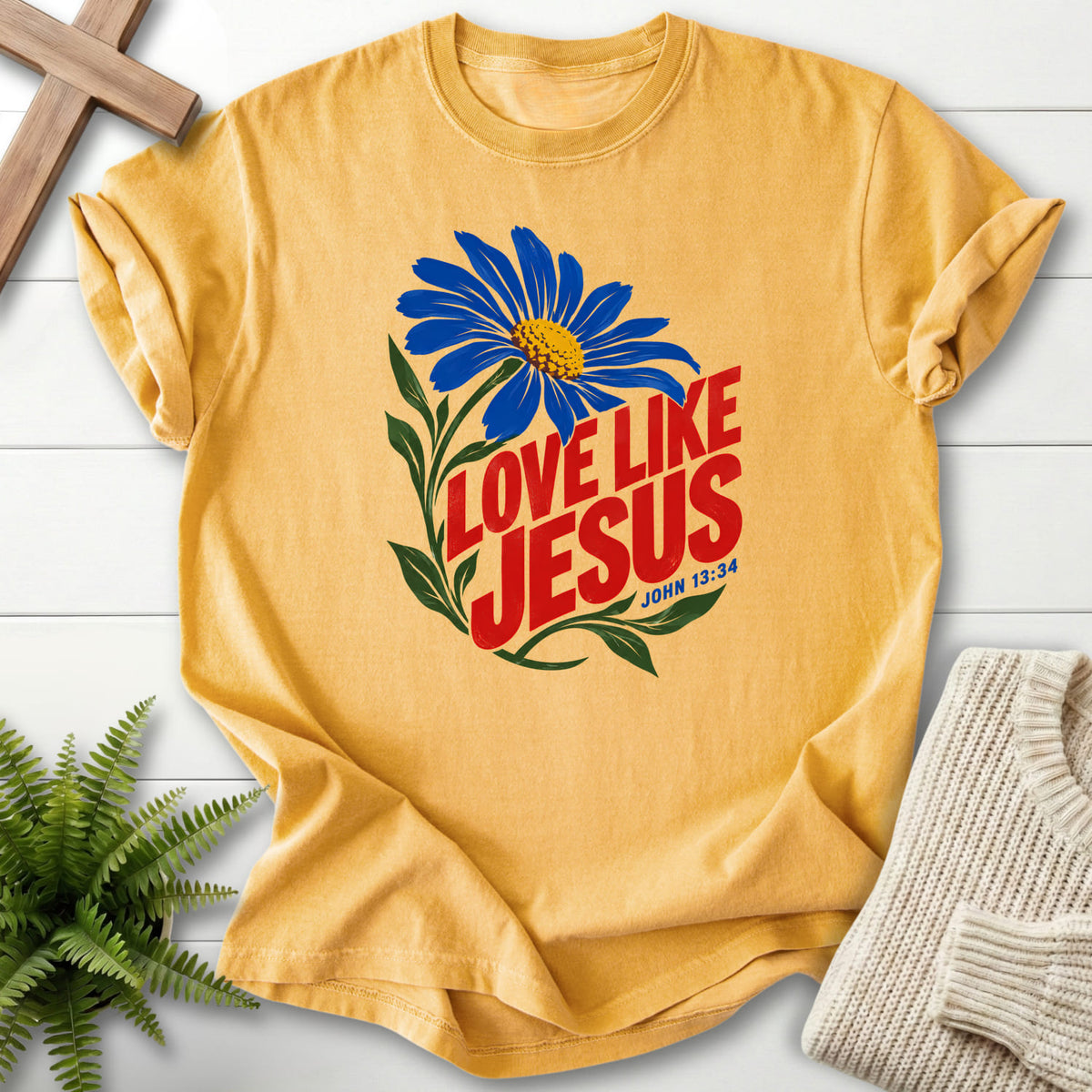 Mustard Love Like Jesus Daisy T-shirt flat lay mockup, John 13:34 Christian apparel for women