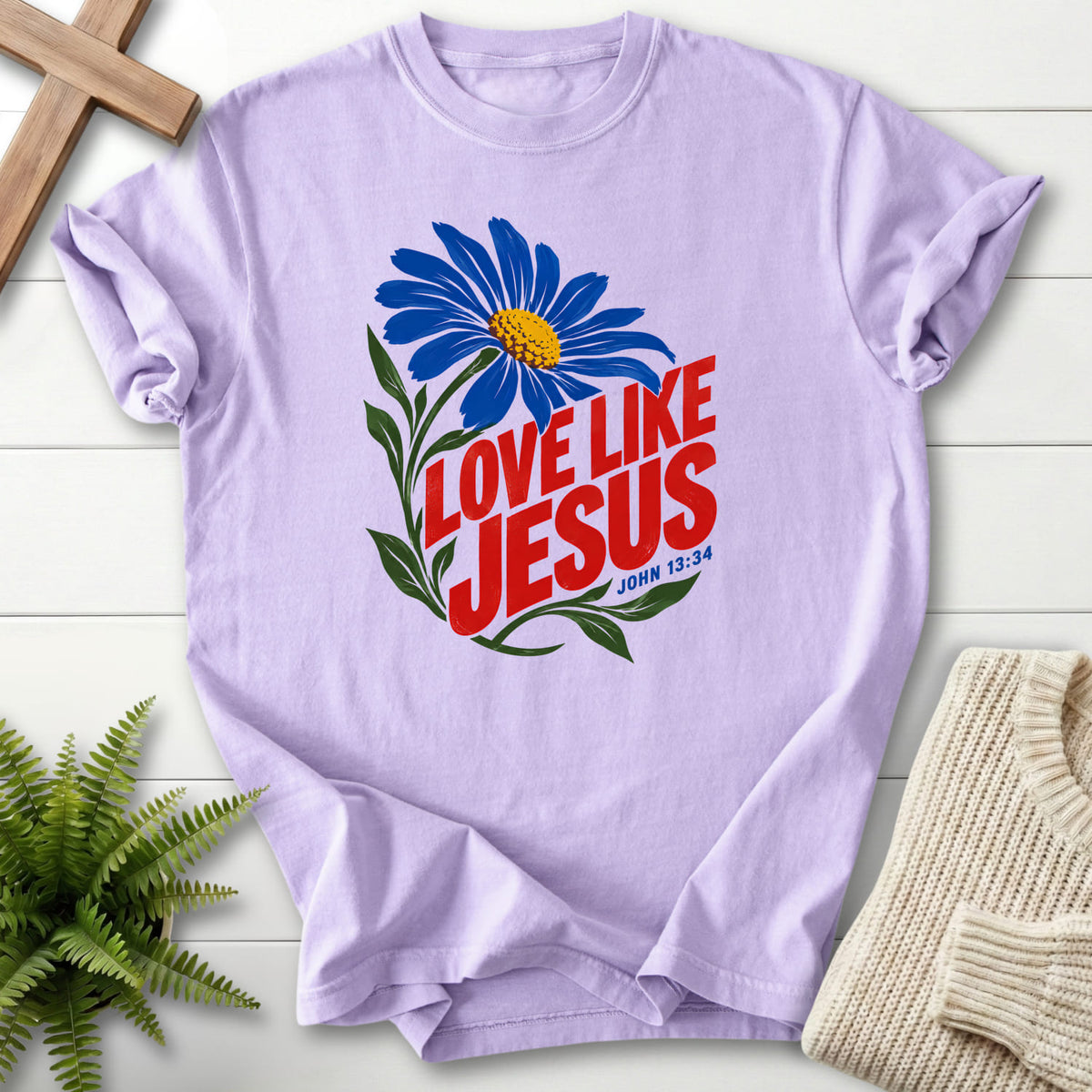 Orchid Love Like Jesus Daisy T-shirt flat lay mockup, John 13:34 Christian apparel for women