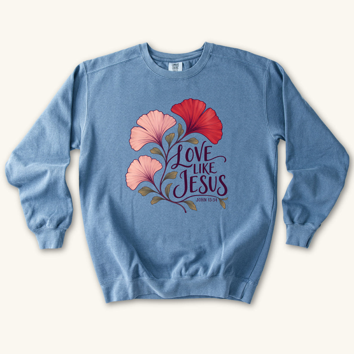 Blue Jean Love Like Jesus Ginkgo sweatshirt flat lay mockup, John 13:34 Christian apparel for women