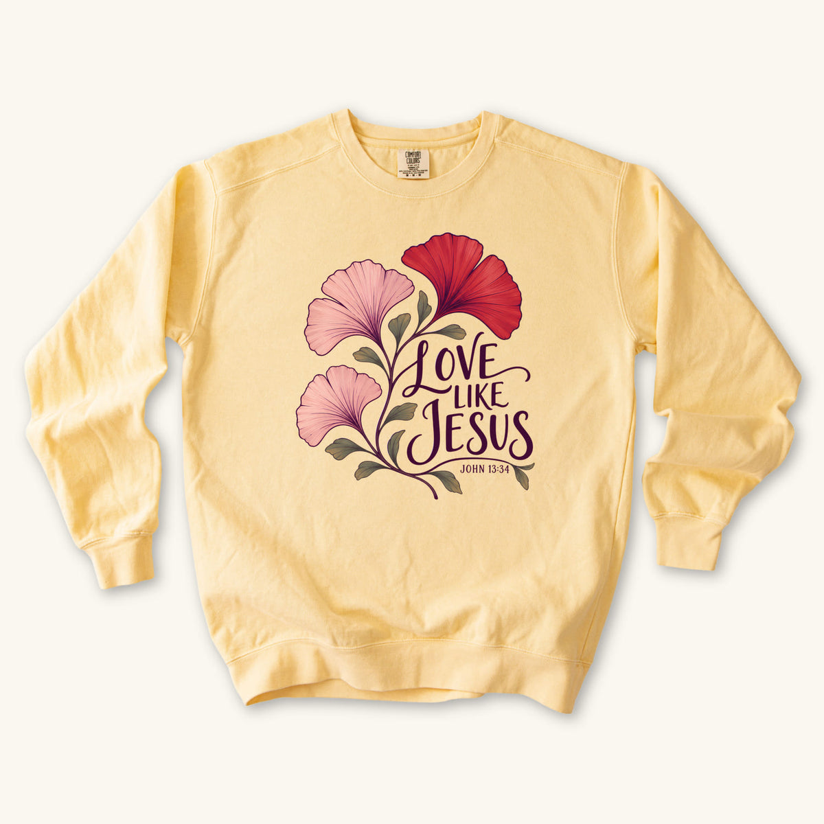 Butter Love Like Jesus Ginkgo sweatshirt flat lay mockup, John 13:34 Christian apparel for women