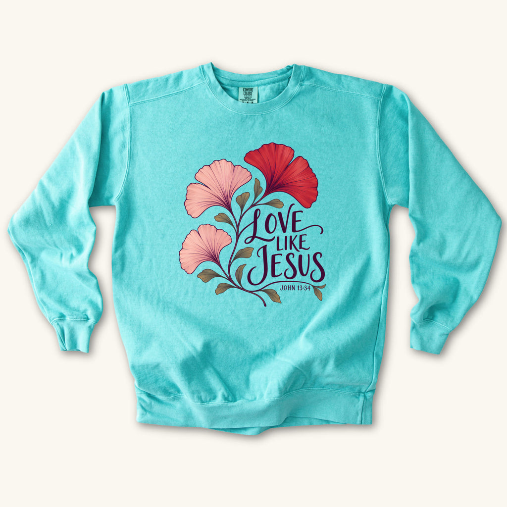 Chalky Mint Love Like Jesus Ginkgo sweatshirt flat lay mockup, John 13:34 Christian apparel for women