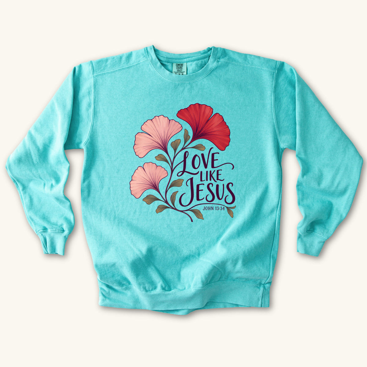 Chalky Mint Love Like Jesus Ginkgo sweatshirt flat lay mockup, John 13:34 Christian apparel for women