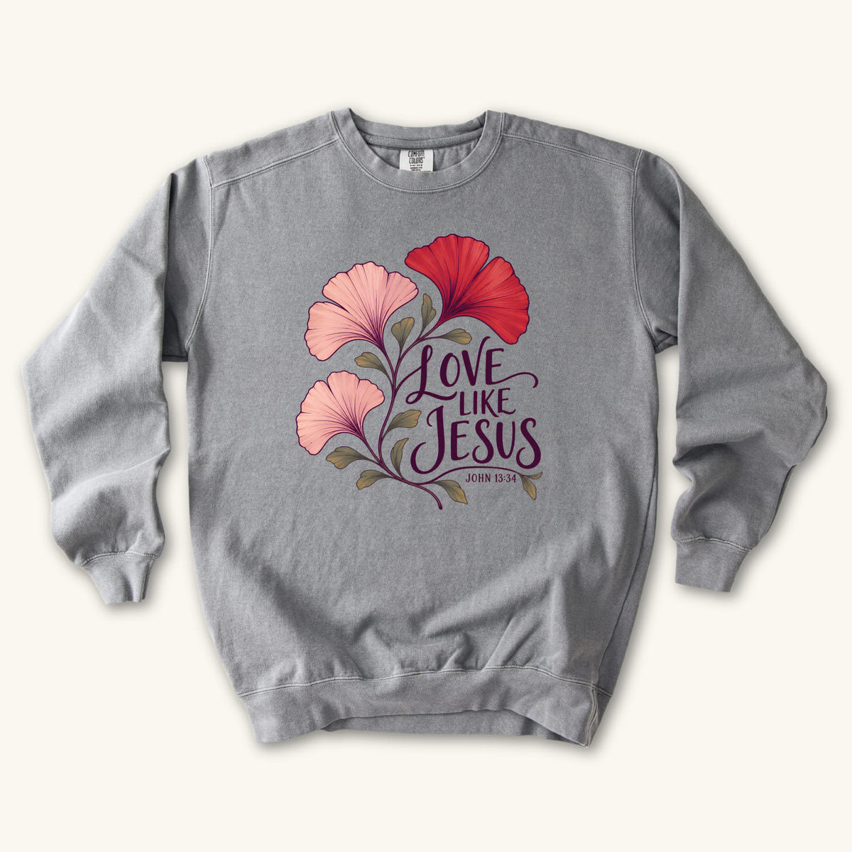 Grey Love Like Jesus Ginkgo sweatshirt flat lay mockup, John 13:34 Christian apparel for women