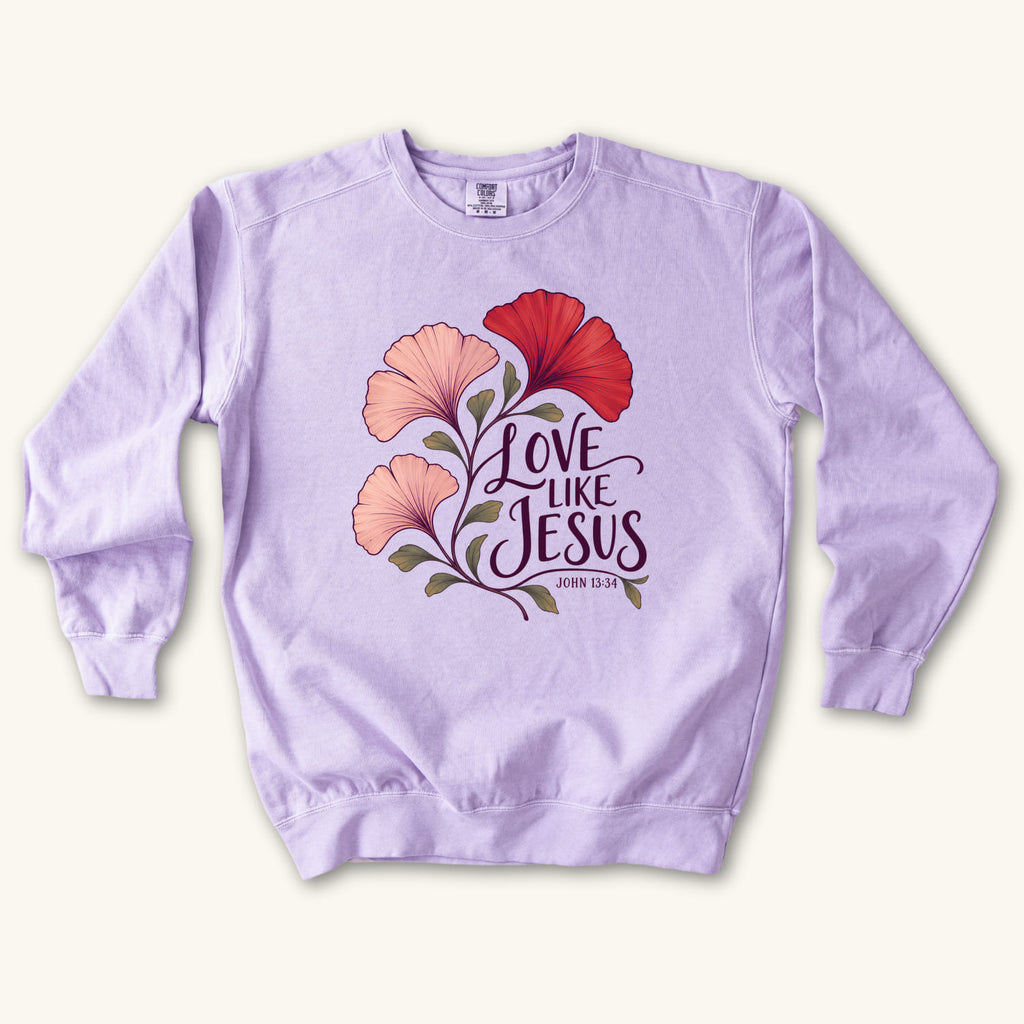 Orchid Love Like Jesus Ginkgo sweatshirt flat lay mockup, John 13:34 Christian apparel for women