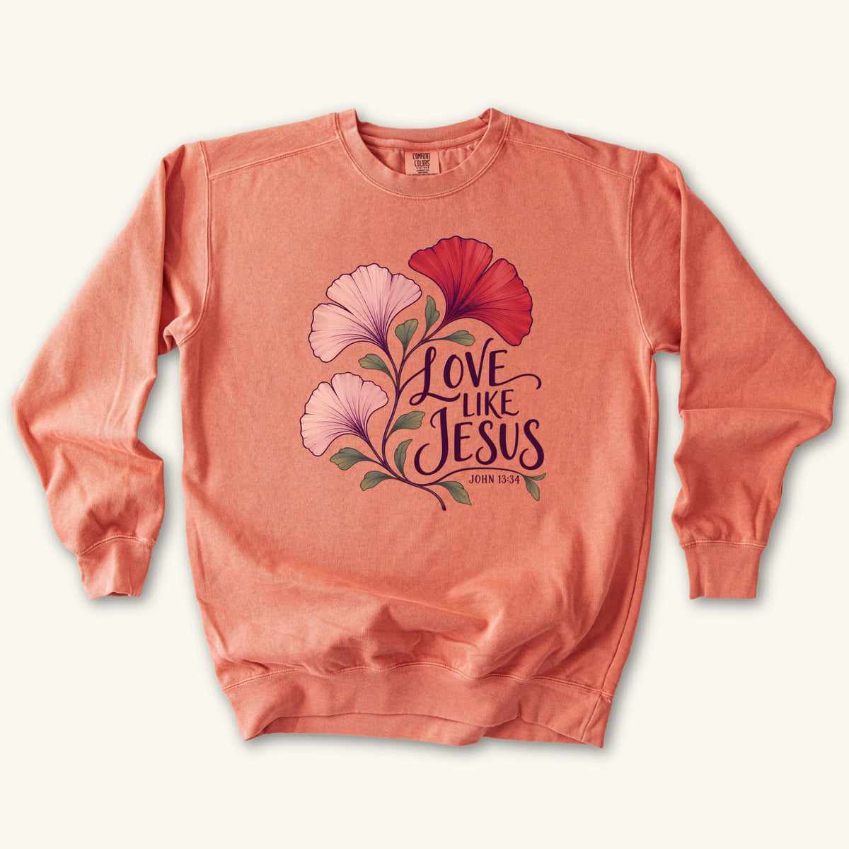 Terracotta Love Like Jesus Ginkgo sweatshirt flat lay mockup, John 13:34 Christian apparel for women