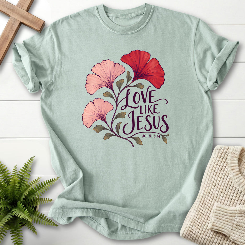 Bay Love Like Jesus Ginkgo T-shirt flat lay mockup, John 13:34 Christian apparel for women