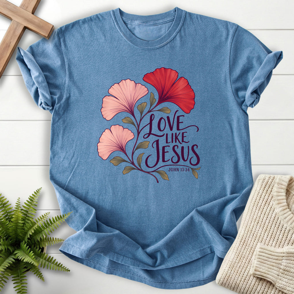 Blue Jean Love Like Jesus Ginkgo T-shirt flat lay mockup, John 13:34 Christian apparel for women