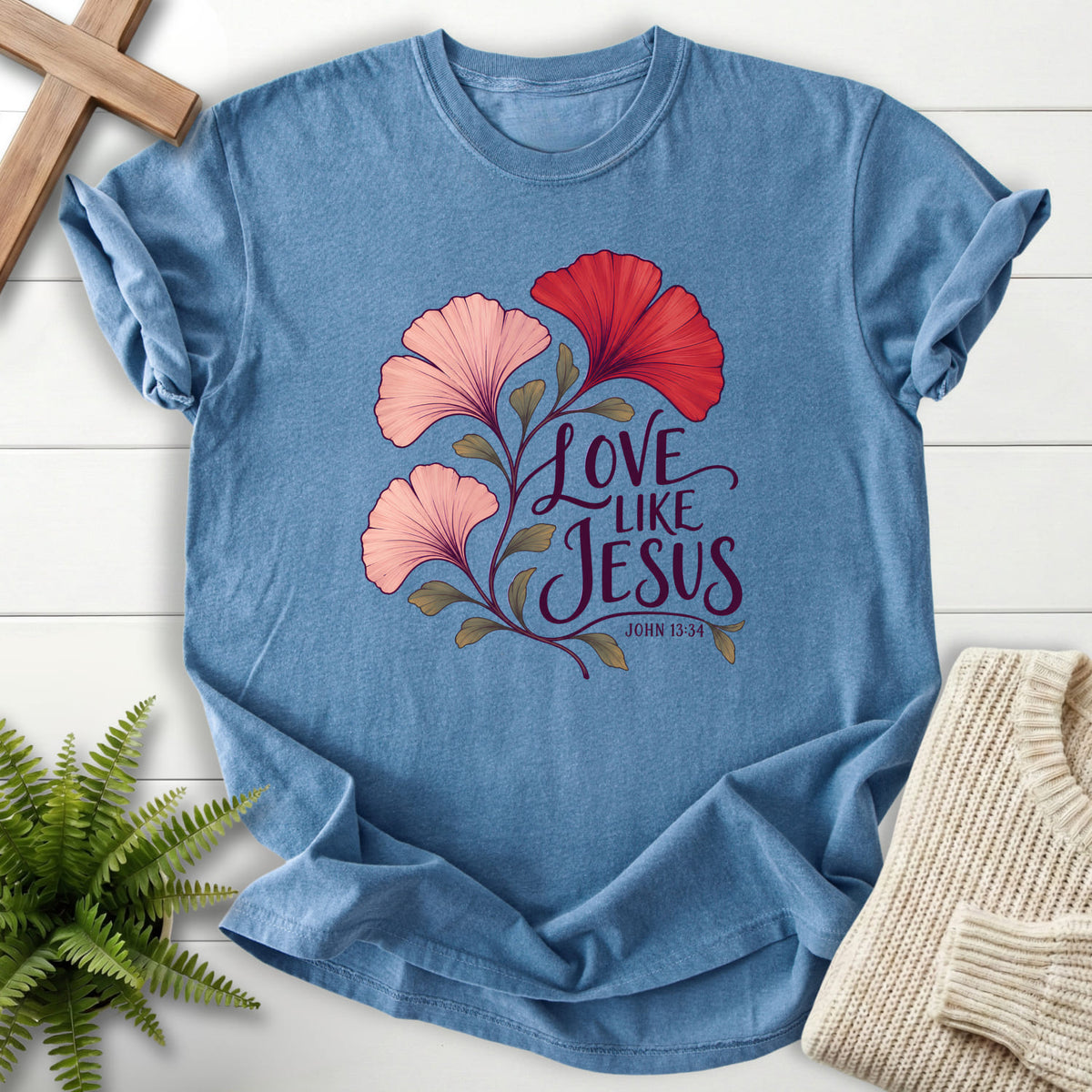 Blue Jean Love Like Jesus Ginkgo T-shirt flat lay mockup, John 13:34 Christian apparel for women