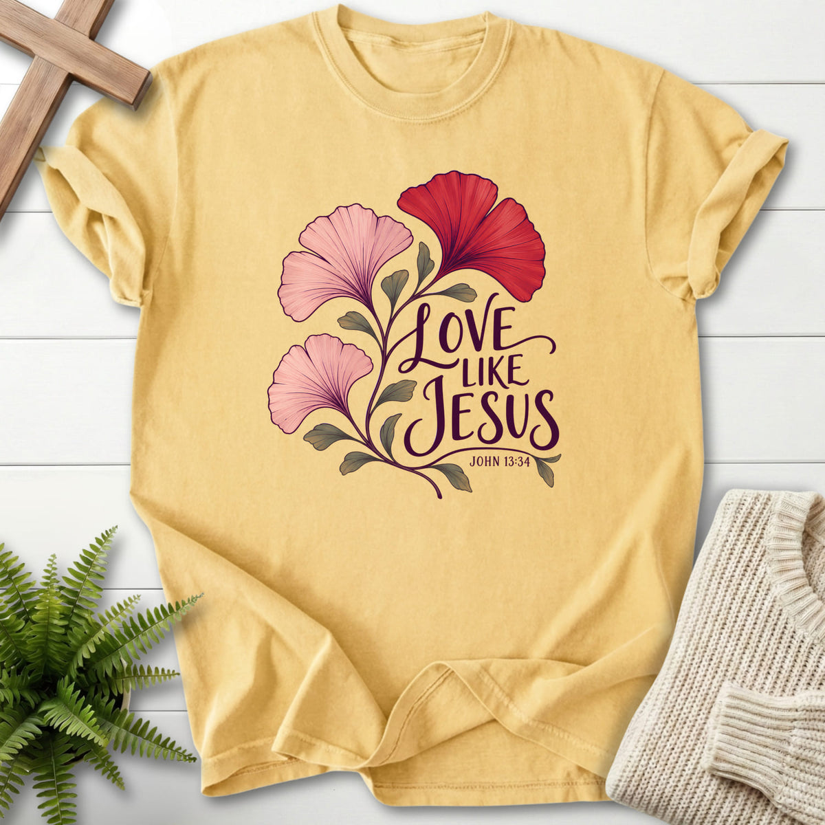 Butter Love Like Jesus Ginkgo T-shirt flat lay mockup, John 13:34 Christian apparel for women