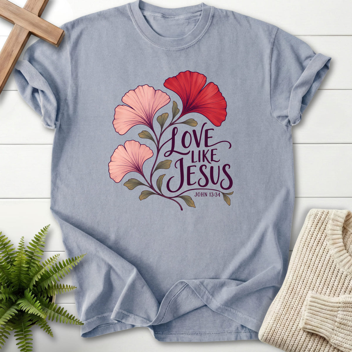 Granite Love Like Jesus Ginkgo T-shirt flat lay mockup, John 13:34 Christian apparel for women