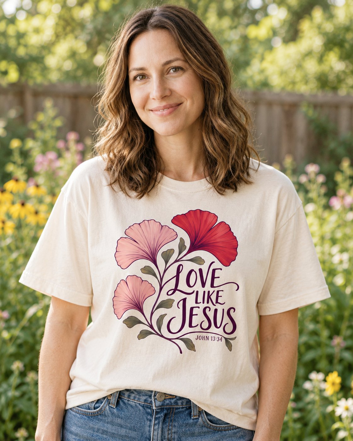 Love Like Jesus Ginkgo – Ivory women's Christian tee, lifestyle photo in outdoor garden – Pink and red ginkgo leaves with Love Like Jesus script – She Wears Faith