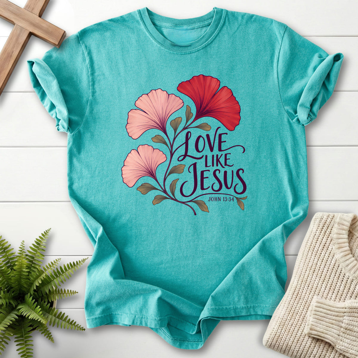 Seafoam Love Like Jesus Ginkgo T-shirt flat lay mockup, John 13:34 Christian apparel for women