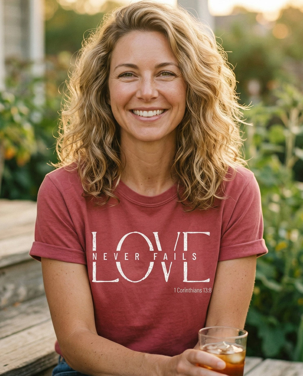 Love Never Fails – Crimson women's Christian tee, lifestyle photo in sunny porch – Distressed large block-letter 'LOVE' overlaid with the phrase 'Never F – 1 Corinthians 13:8 – She Wears Faith