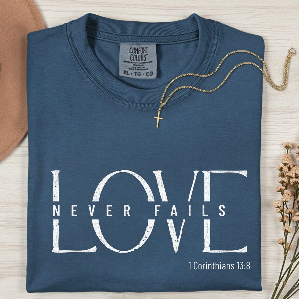 Folded Comfort Colors 1717 midnight “Love Never Fails” t-shirt featuring clean white typography. A timeless women’s scripture tee — faith-based apparel for women and modern Christian shirt with 1 Corinthians 13:8 verse, perfect Christian mom gift idea.
