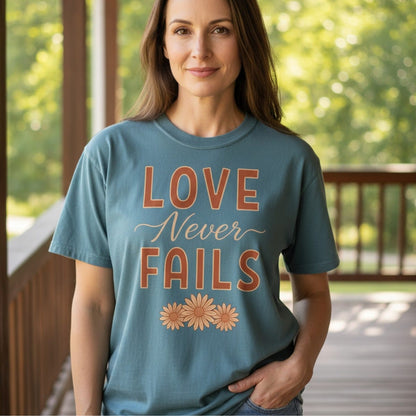 Woman standing on a porch wearing a Comfort Colors 1717 blue spruce “Love Never Fails – 1 Corinthians 13:8” t-shirt with floral design. A timeless women’s scripture tee — modern Christian shirt and faith-based apparel for women that makes a meaningful Christian mom gift idea.