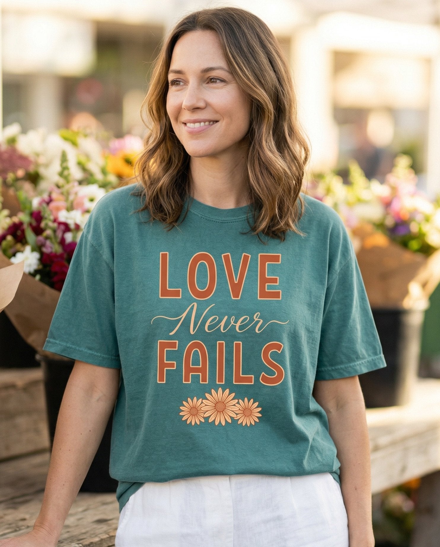 Love Never Fails – Blue Spruce women's Christian tee, lifestyle photo in farmers market – Bold block text reading 'Love Never Fails' in warm orange tones with t – 1 Corinthians 13:8 – She Wears Faith
