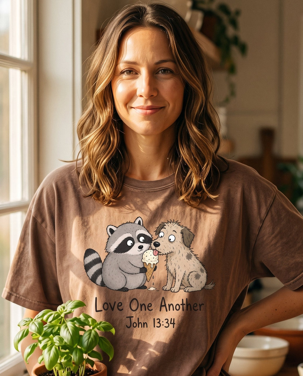 Love One Another Raccoon – Espresso women's Christian tee, lifestyle photo in morning kitchen setting – Cartoon raccoon holding an ice cream cone while a scruffy puppy sneaks – John 13:34 – She Wears Faith