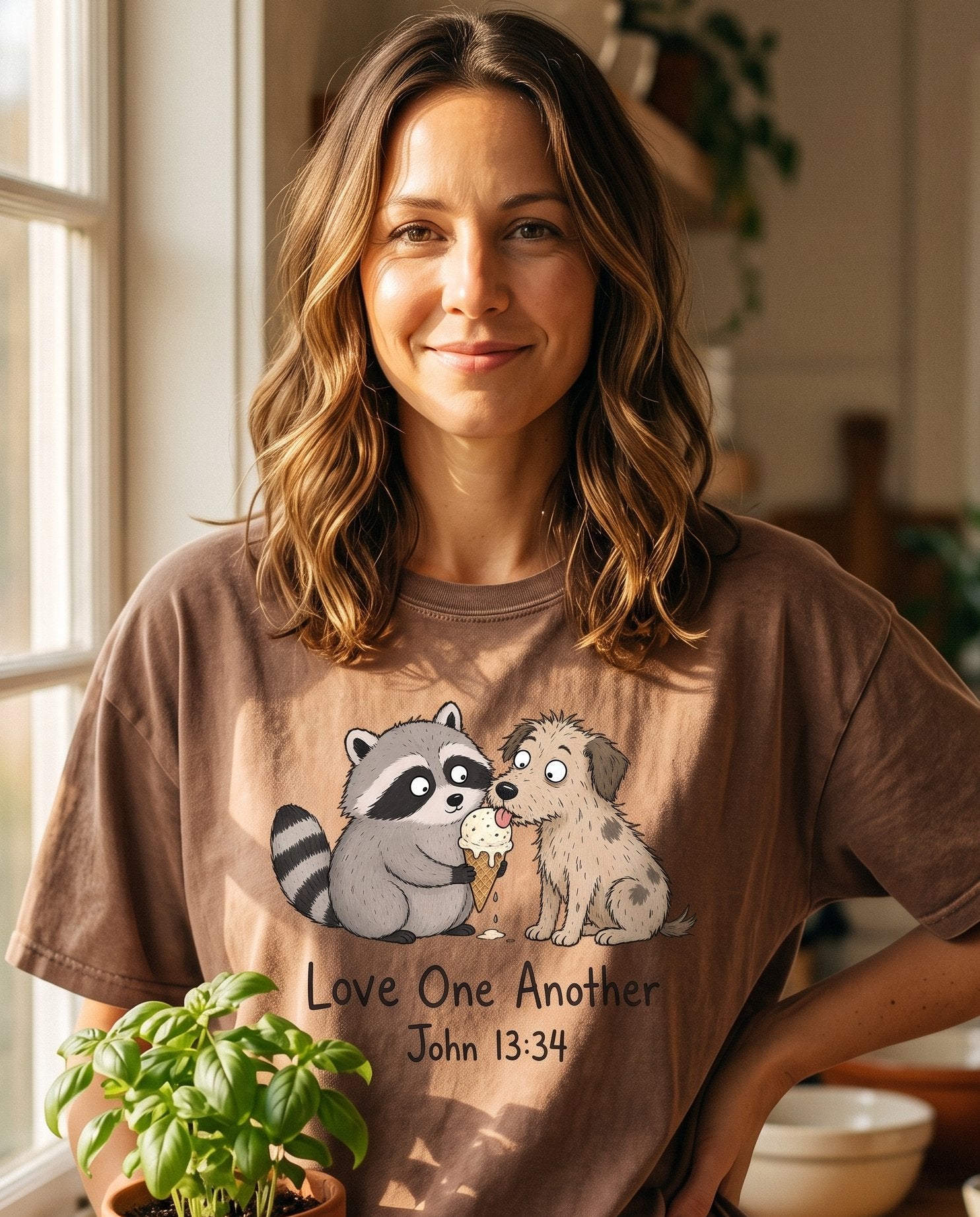 Love One Another Raccoon – Espresso women's Christian tee, lifestyle photo in morning kitchen setting – Cartoon raccoon holding an ice cream cone while a scruffy puppy sneaks – John 13:34 – She Wears Faith
