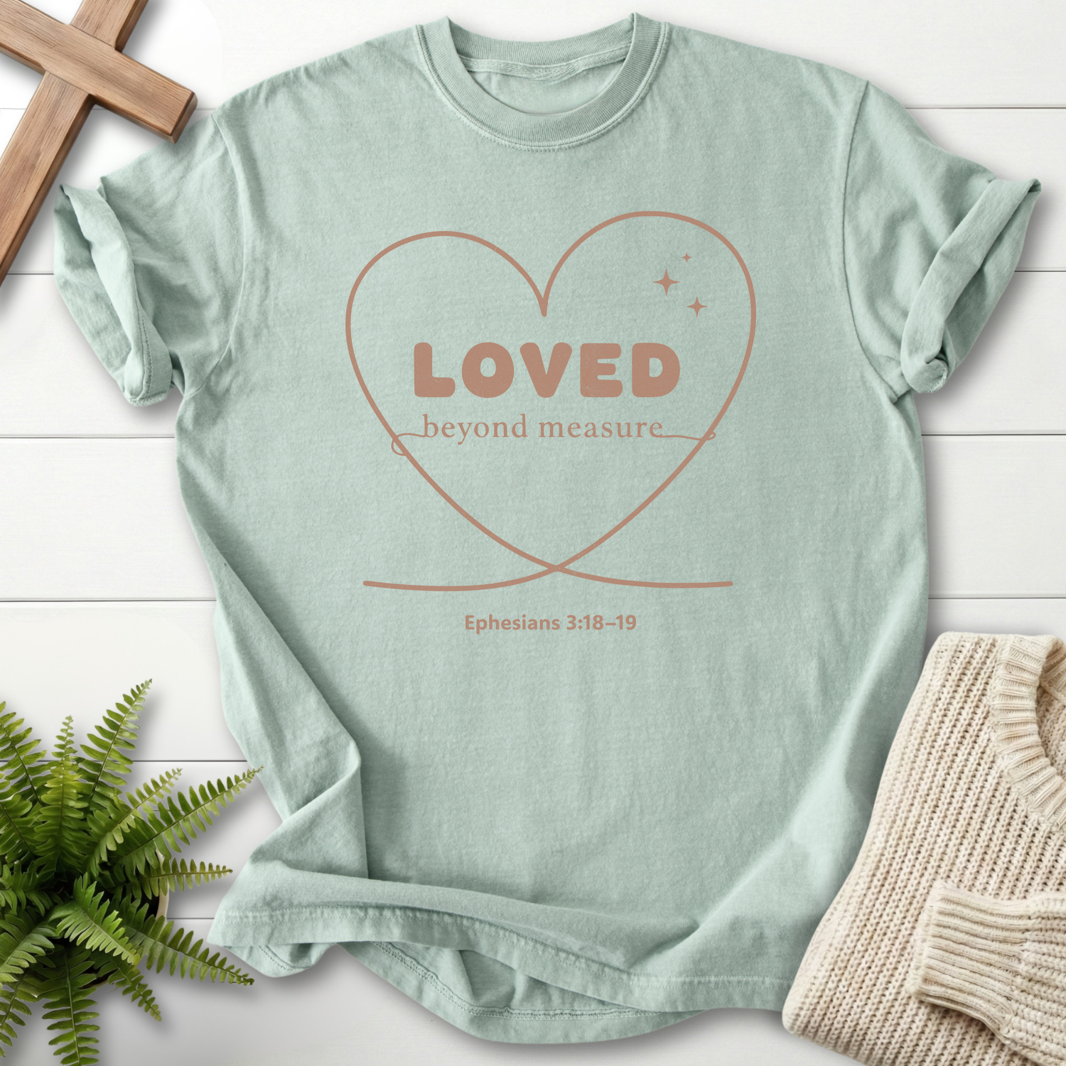 Bay garment-dyed Christian t-shirt with heart outline design, inspired by Ephesians 3:18-19.