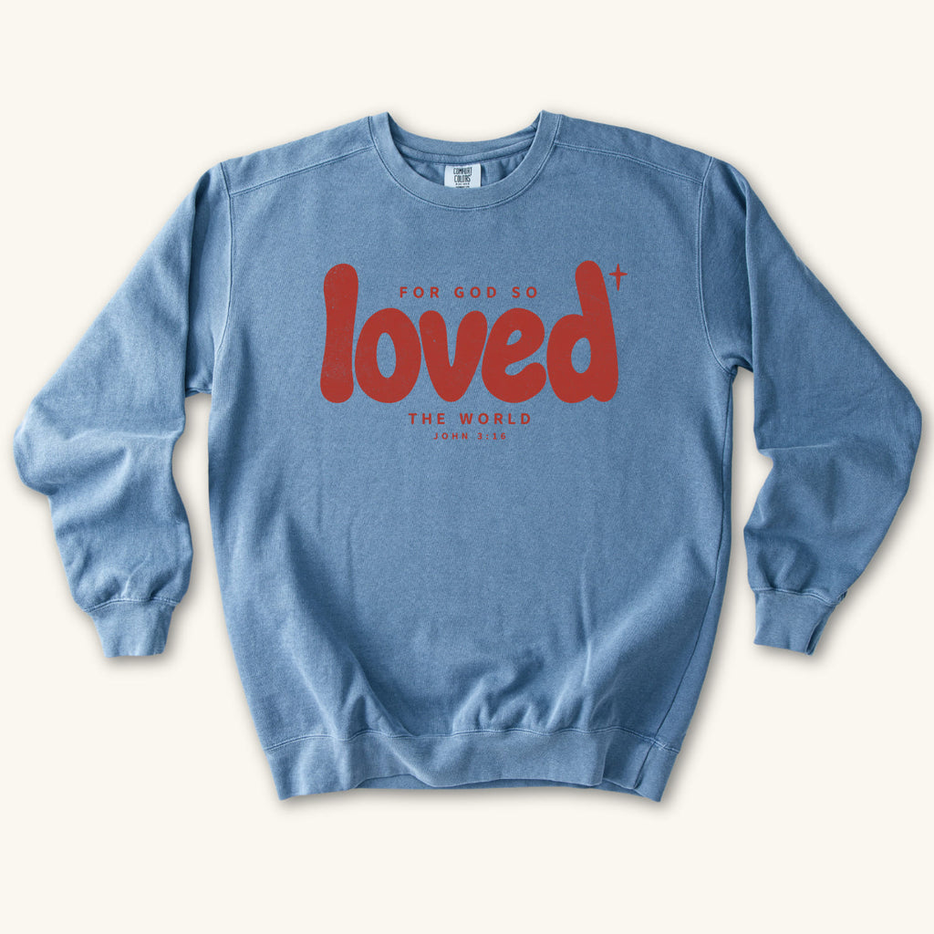 Blue Jean Loved sweatshirt flat lay mockup, John 3:16 Christian apparel for women