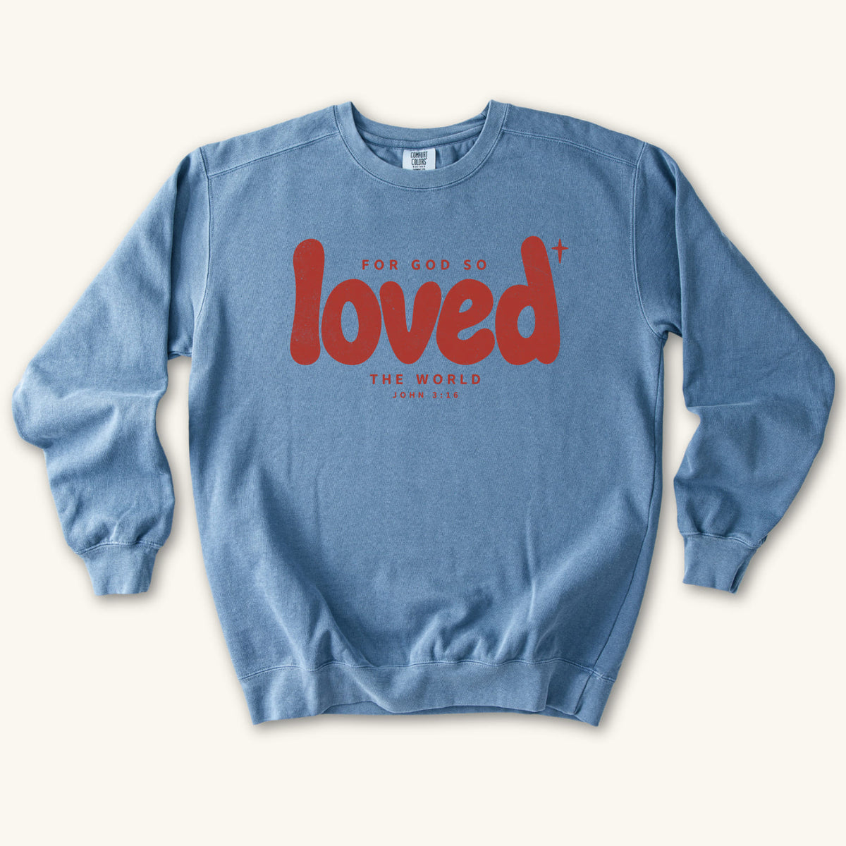 Blue Jean Loved sweatshirt flat lay mockup, John 3:16 Christian apparel for women