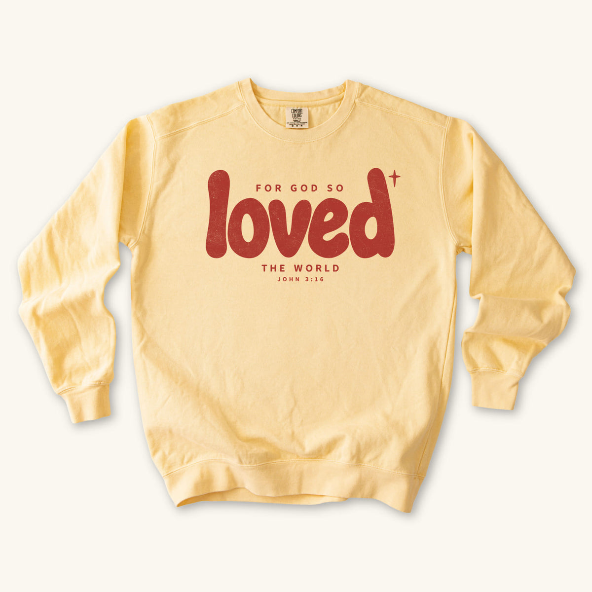 Butter Loved sweatshirt flat lay mockup, John 3:16 Christian apparel for women