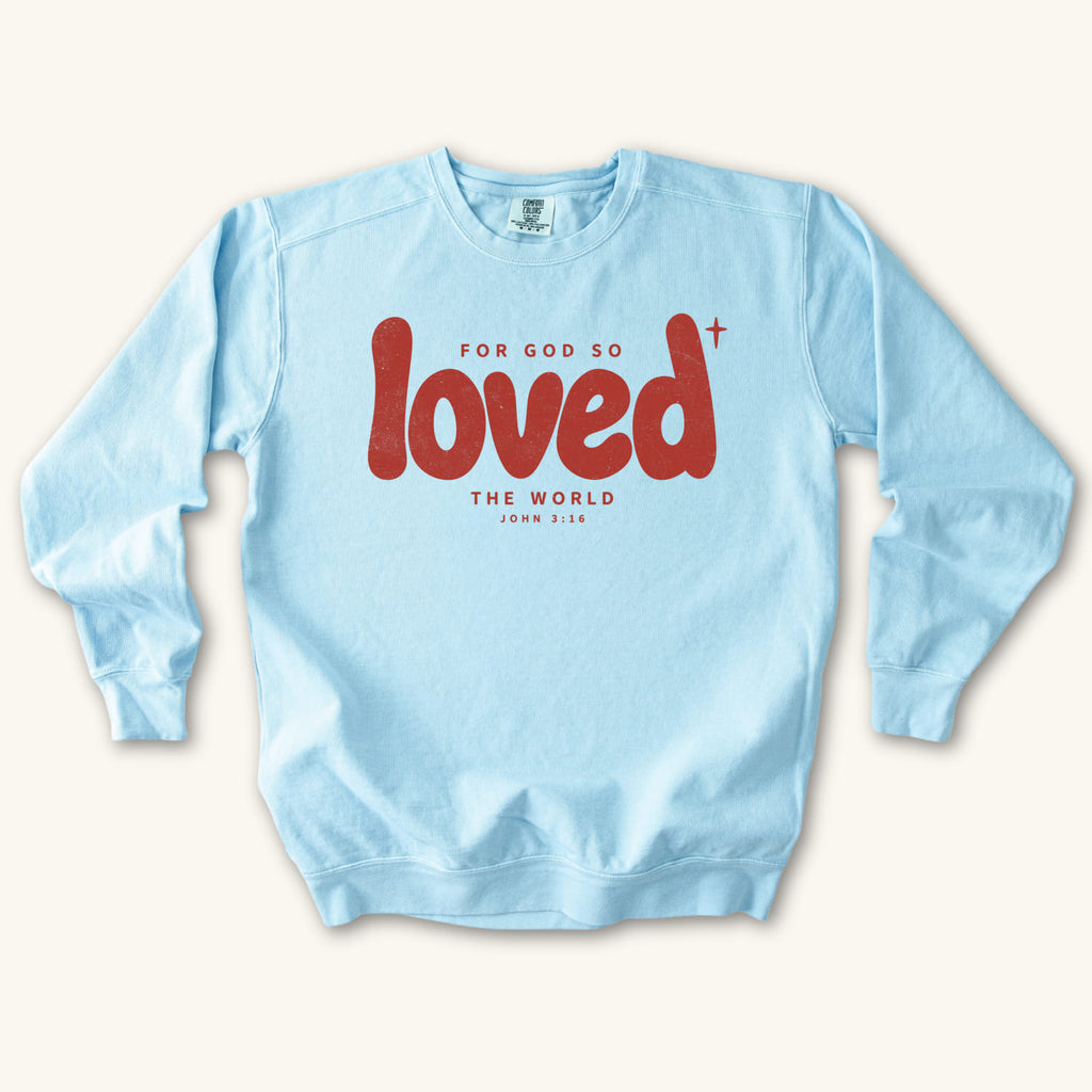 Chambray Loved sweatshirt flat lay mockup, John 3:16 Christian apparel for women