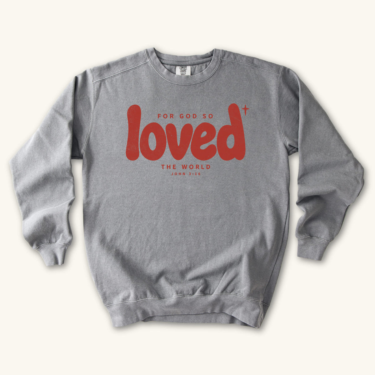 Grey Loved sweatshirt flat lay mockup, John 3:16 Christian apparel for women