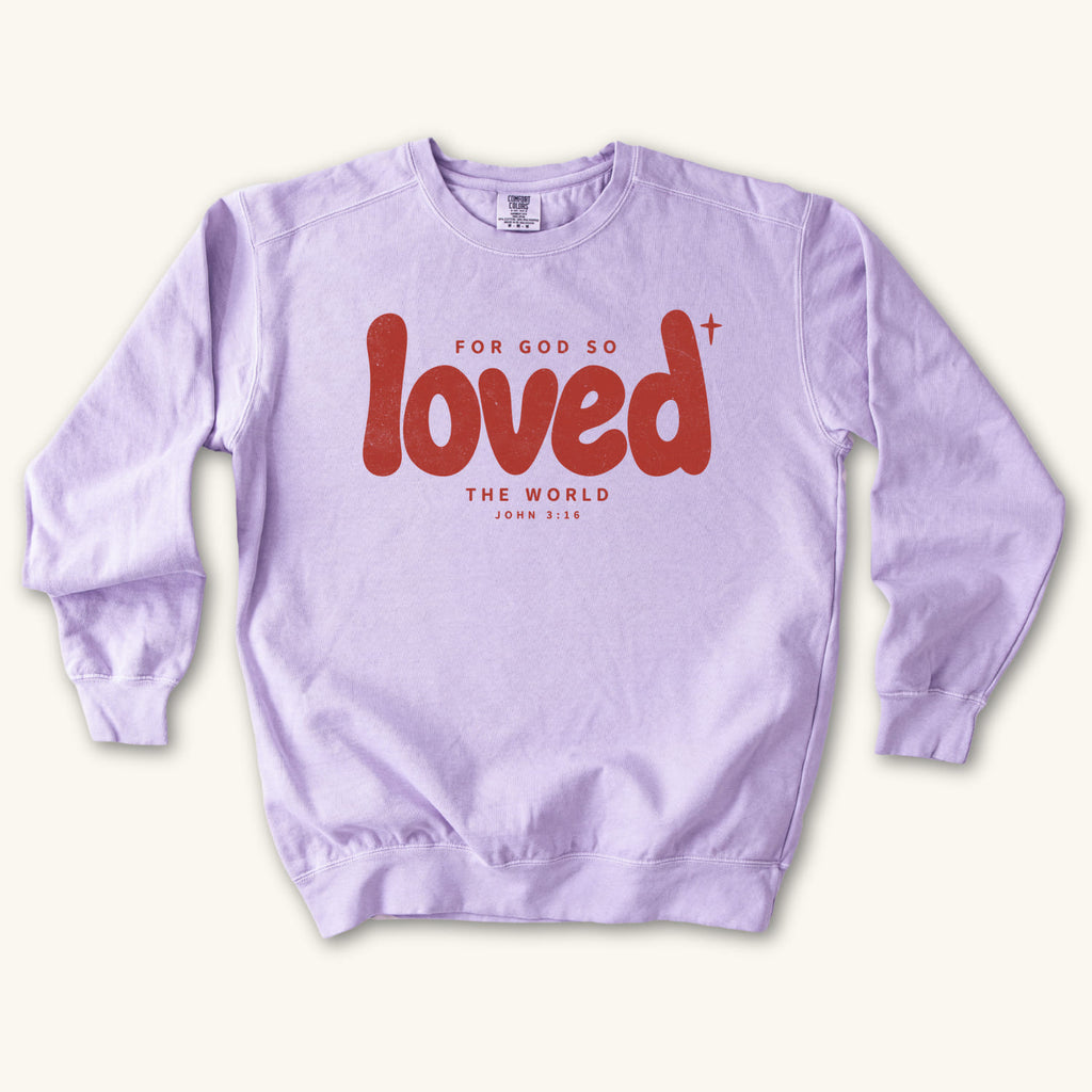 Orchid Loved sweatshirt flat lay mockup, John 3:16 Christian apparel for women