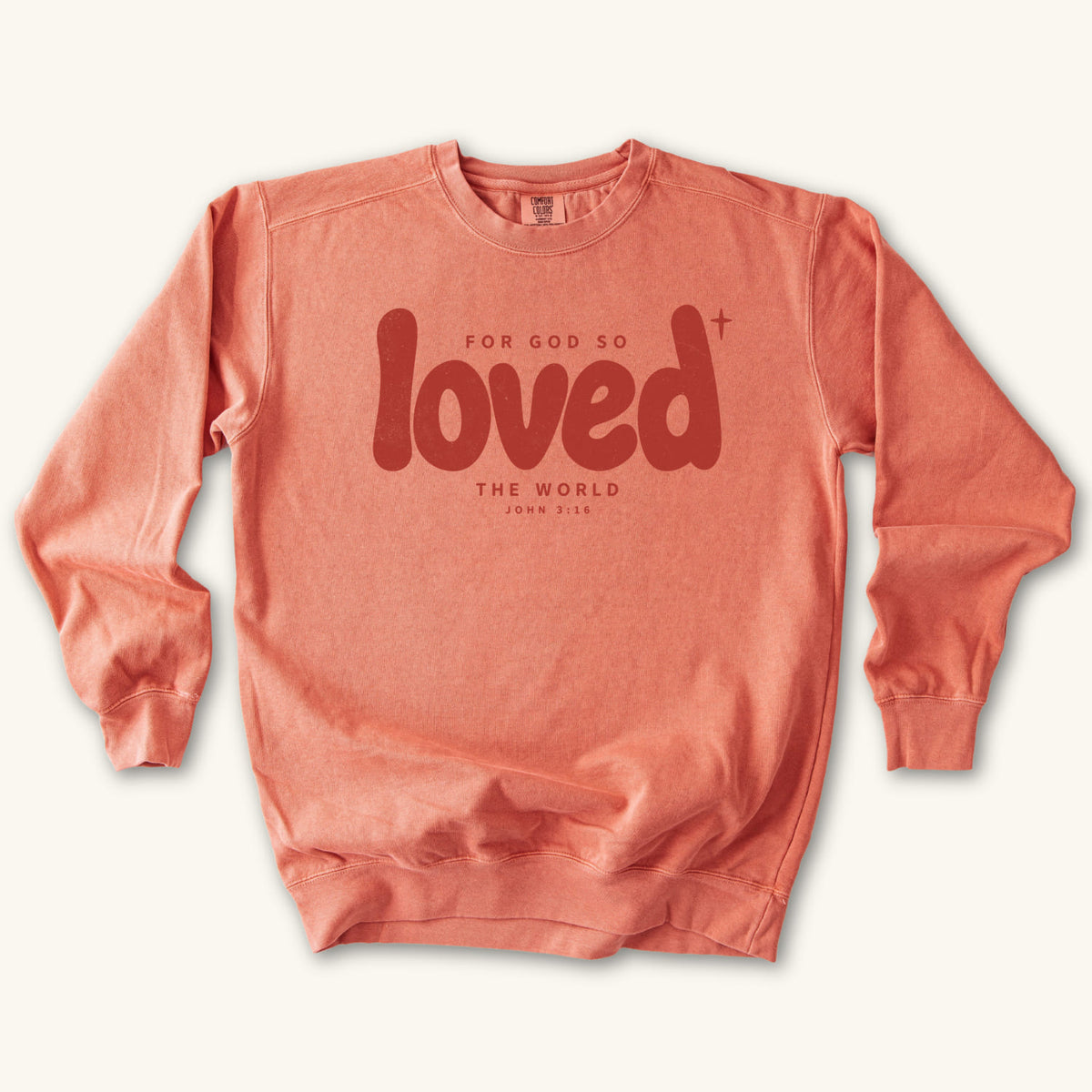 Terracotta Loved sweatshirt flat lay mockup, John 3:16 Christian apparel for women