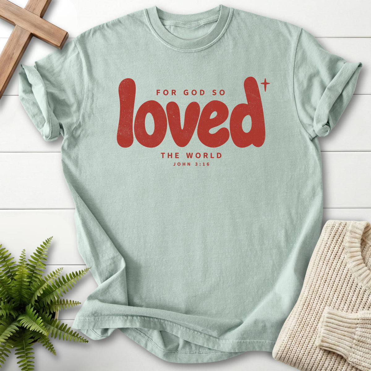 Bay Loved T-shirt flat lay mockup, John 3:16 Christian apparel for women