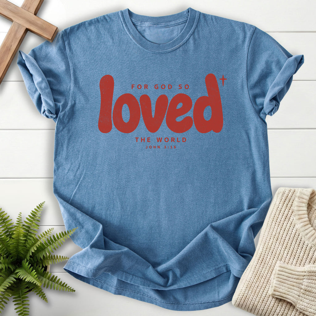 Blue Jean Loved T-shirt flat lay mockup, John 3:16 Christian apparel for women