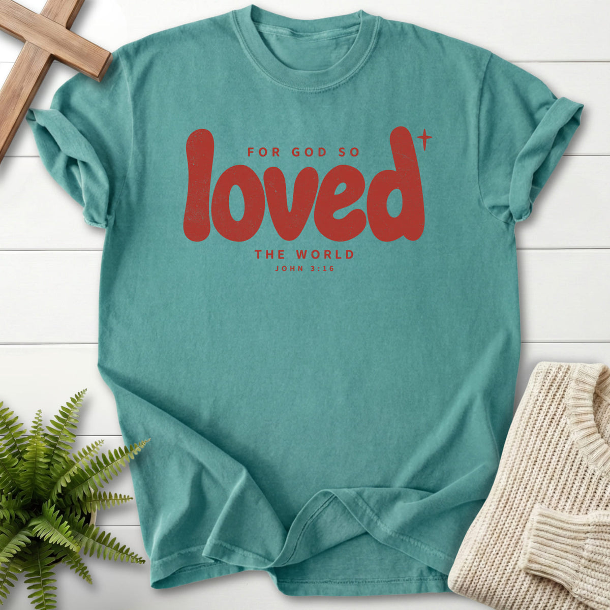 Chalky Mint Loved T-shirt flat lay mockup, John 3:16 Christian apparel for women