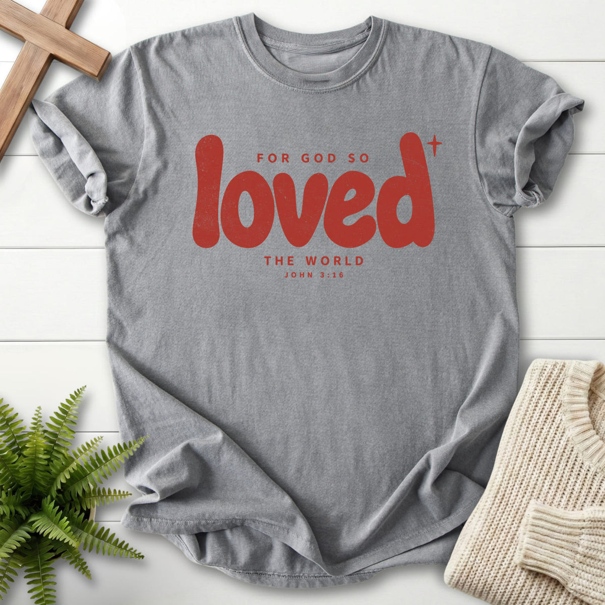 Grey Loved T-shirt flat lay mockup, John 3:16 Christian apparel for women