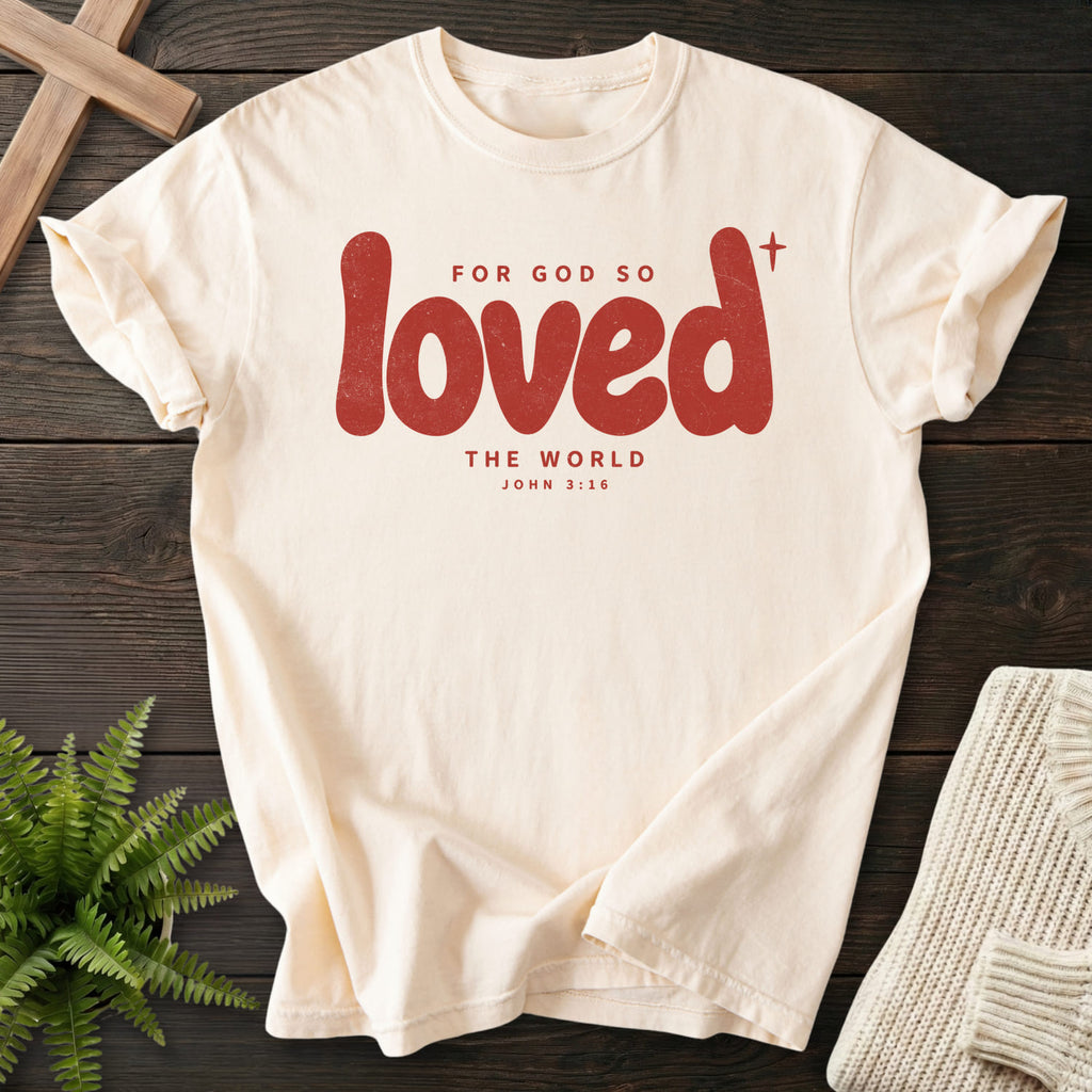 Ivory Loved T-shirt flat lay mockup, John 3:16 Christian apparel for women