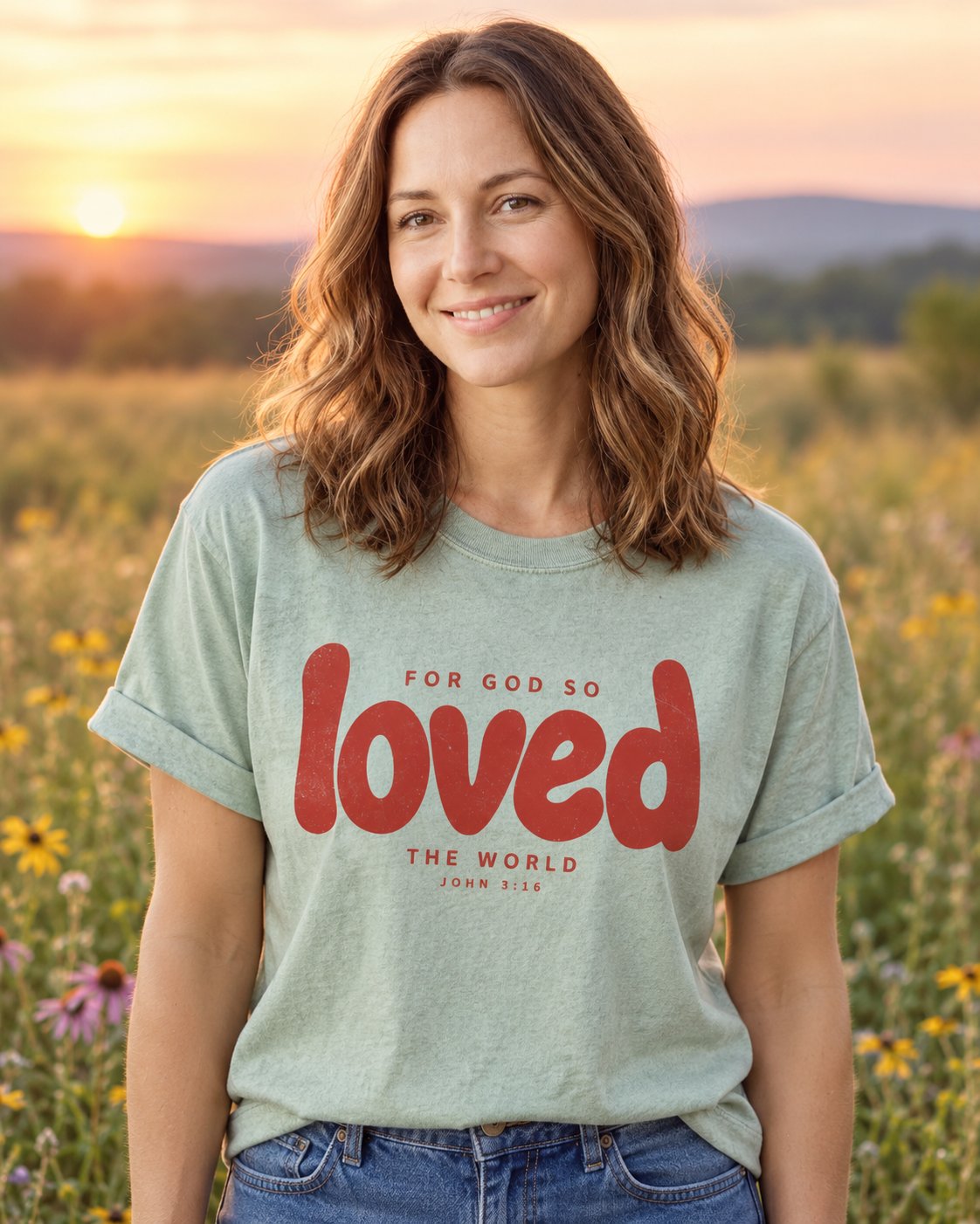 Loved John 3:16, Bay women's Christian tee, lifestyle photo in wildflower meadow, Bubble lettering of loved For God So Loved The World, She Wears Faith