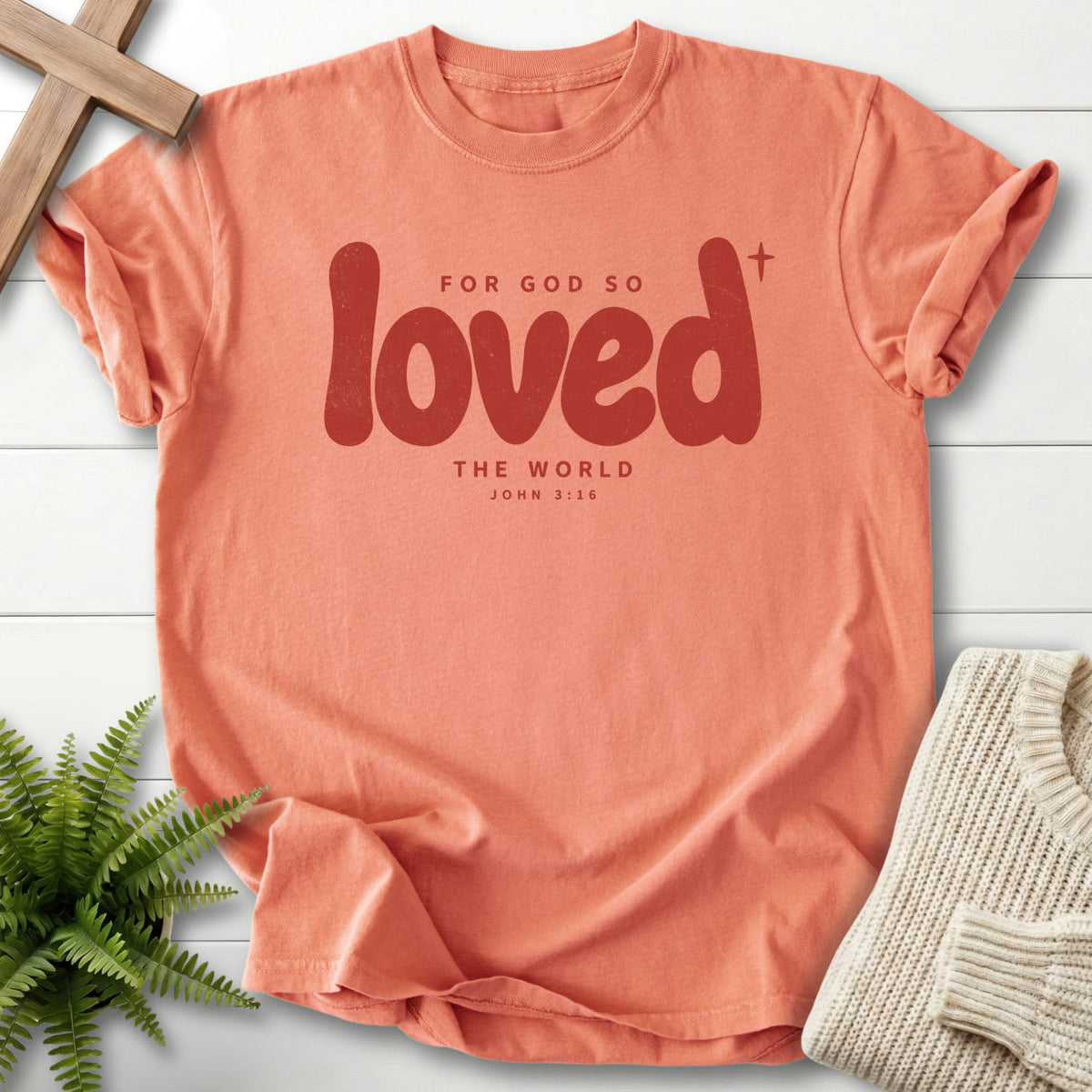 Terracotta Loved T-shirt flat lay mockup, John 3:16 Christian apparel for women