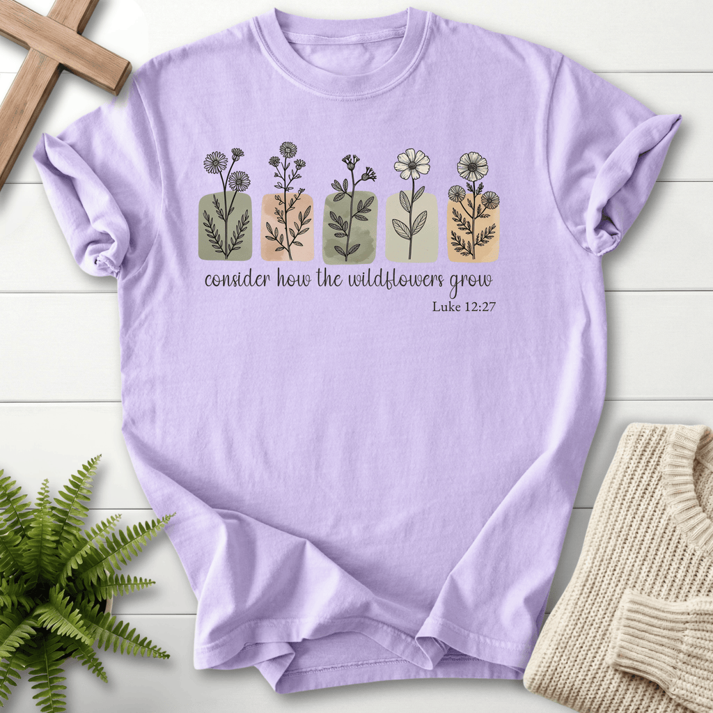 Orchid women's faith t-shirt with "consider how the wildflowers grow" design, inspired by Luke 12:27.