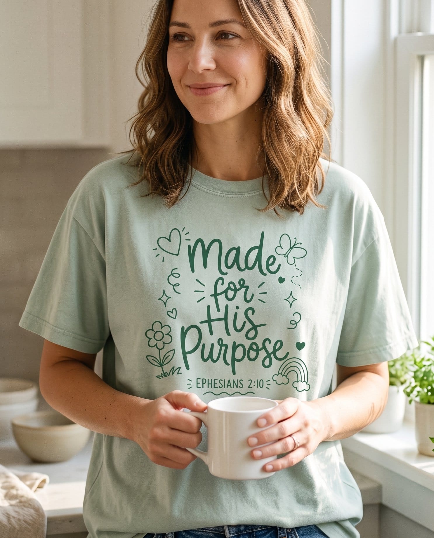 Made for His Purpose Ephesians 2:10 – Bay women's Christian tee, lifestyle photo in morning kitchen setting – Flowing green script 'Made for His Purpose' ringed with hand-drawn dai – Ephesians 2:10 – She Wears Faith