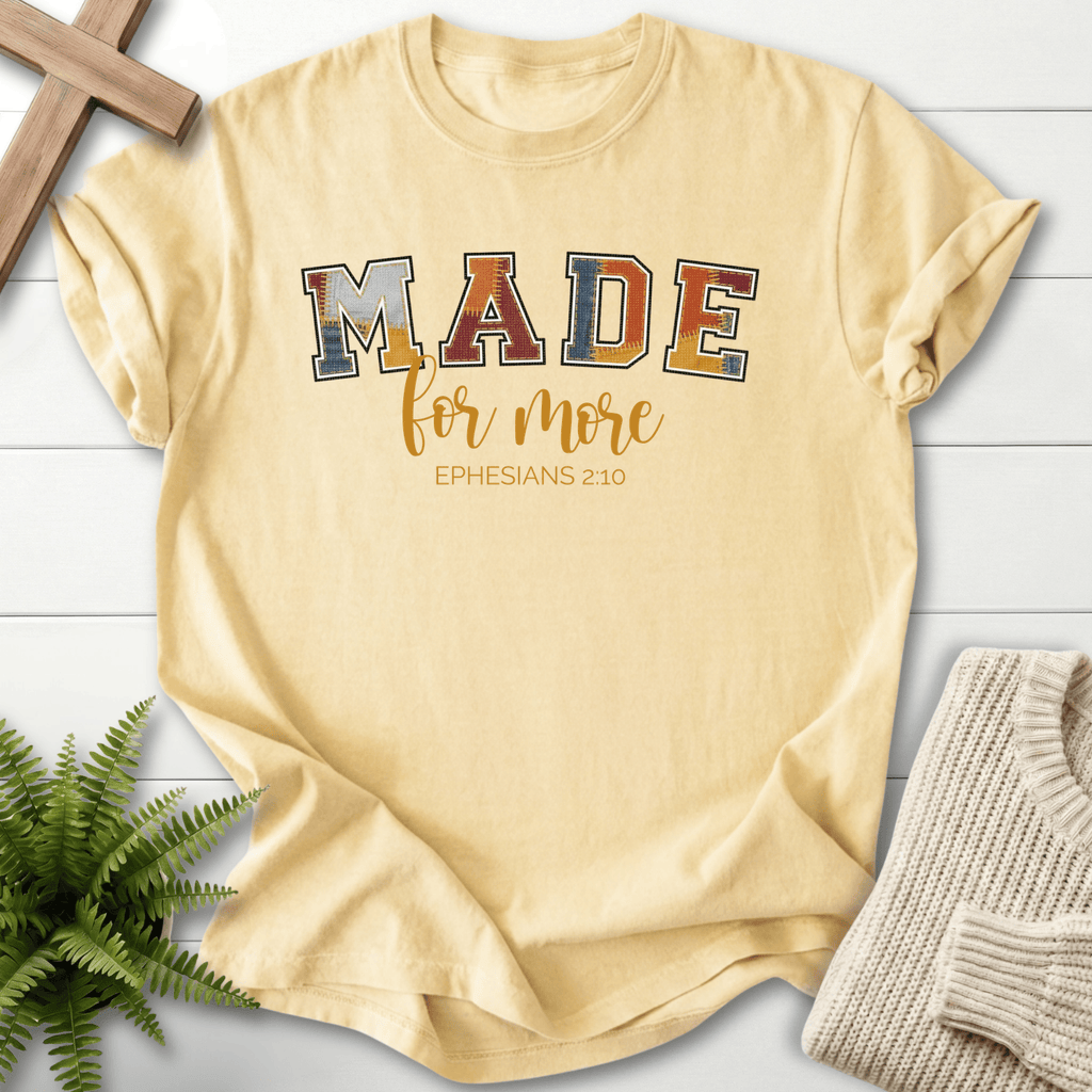 Banana women's Christian t-shirt with bold patchwork MADE design, inspired by Ephesians 2:10.