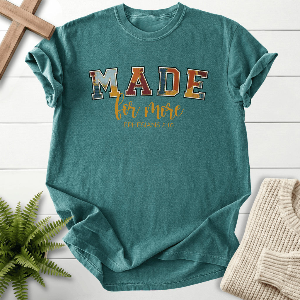Blue Spruce women's Christian t-shirt with varsity patchwork letters, inspired by Ephesians 2:10.