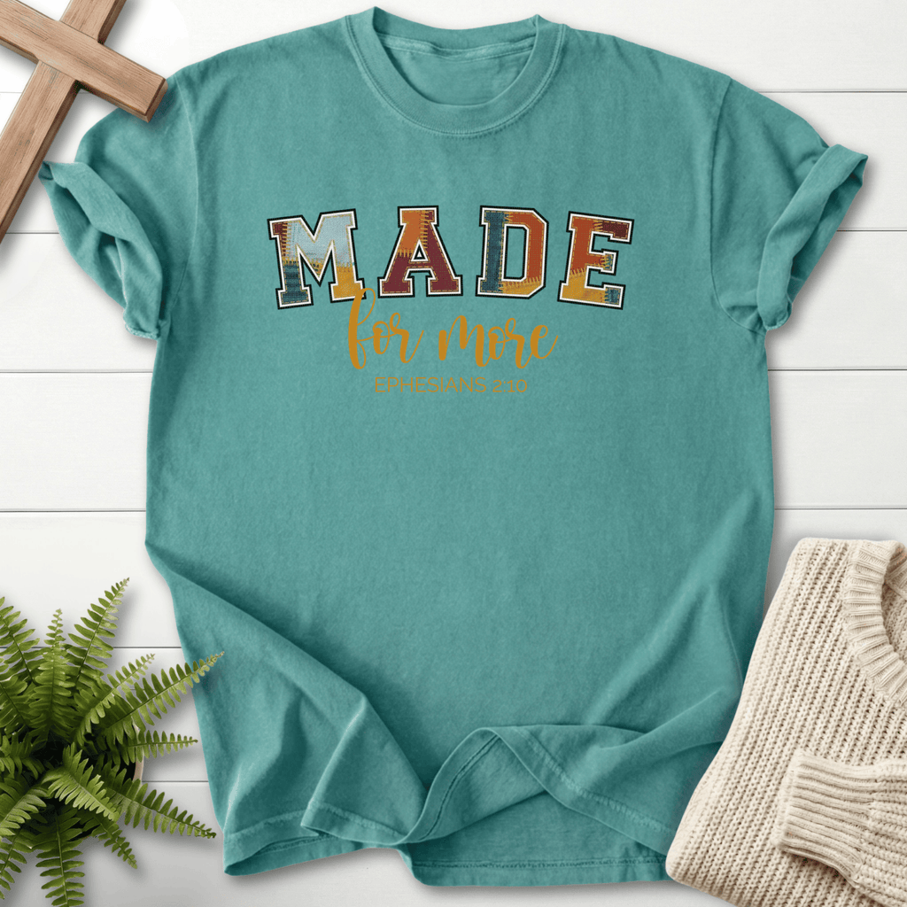 Chalky Mint garment-dyed Christian t-shirt with varsity patchwork lettering, inspired by Ephesians 2:10.