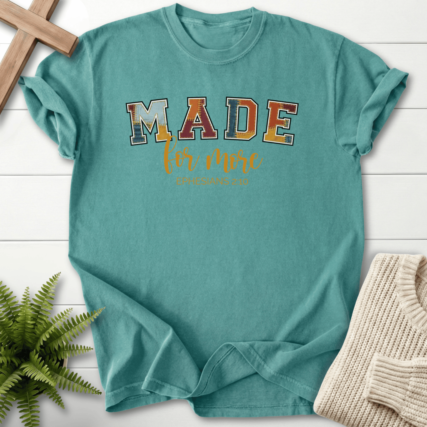 Chalky Mint garment-dyed Christian t-shirt with varsity patchwork lettering, inspired by Ephesians 2:10.